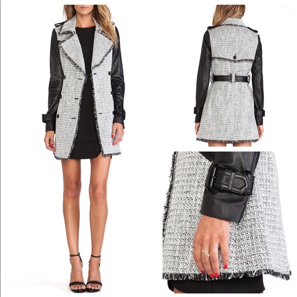 Leather & Tweed Coat Rachel Zoe Christopher Trench - Picture 2 of 8